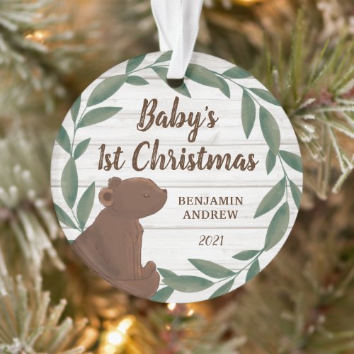 Rustic Greenery Bear Babys First Christmas Photo Ornament