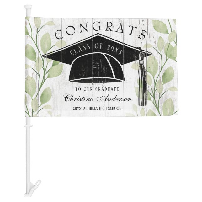 Rustic Greenery Black Grad Cap 2025 Graduation  Car Flag (Front)