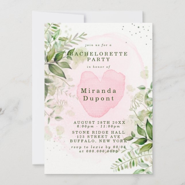 Rustic Greenery Blush Pink Airy Bachelorette Party Invitation (Front)