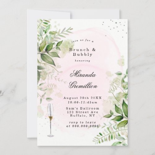 Rustic Greenery Blush Pink Airy Brunch  Bubbly Invitation
