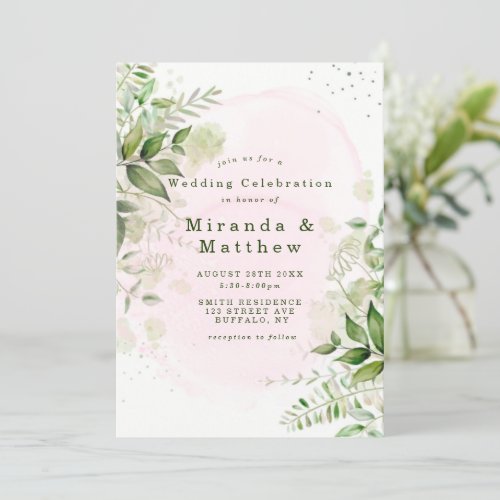 Rustic Greenery Blush Pink Airy Wedding Invitation