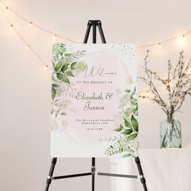 Rustic Greenery Blush Pink Wedding Welcome Sign (In Situ (Stand))