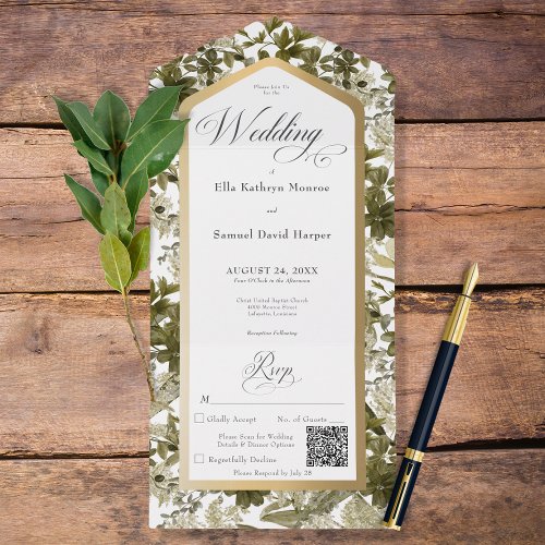 Rustic Greenery Botanical Gold Frame QR Code All In One Invitation