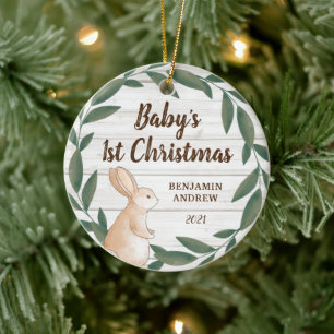 Rustic Greenery Bunny Baby's First Christmas Photo Ceramic Ornament
