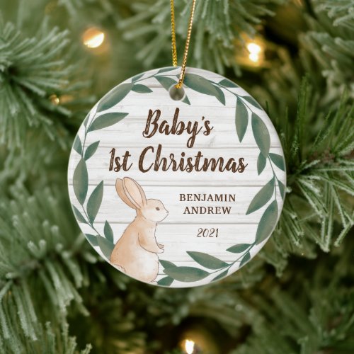 Rustic Greenery Bunny Babys First Christmas Photo Ceramic Ornament