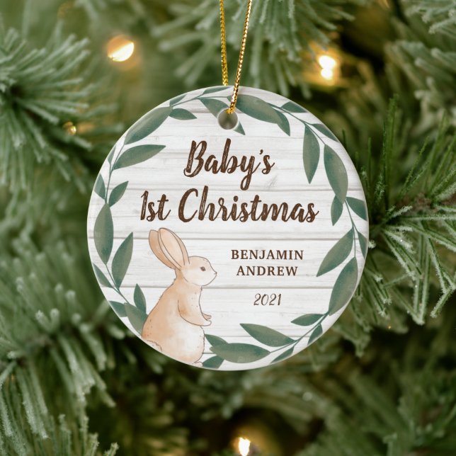 Rustic Greenery Bunny Baby's First Christmas Photo Ceramic Ornament (Tree)