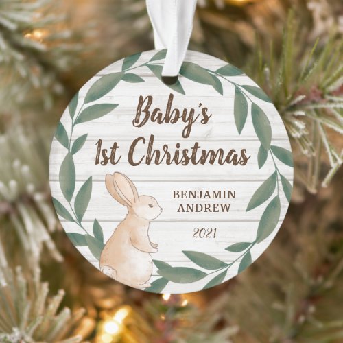 Rustic Greenery Bunny Babys First Christmas Photo Ornament