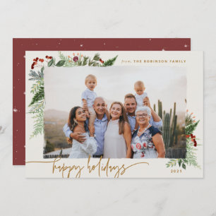 Rustic Greenery Burgundy Beige Gold Photo Holiday Card