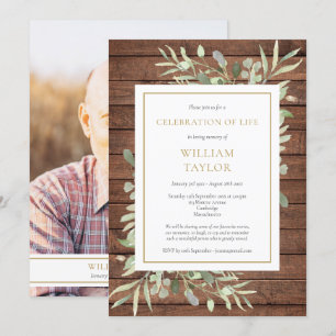 Rustic Greenery Celebration of Life Photo Funeral Invitation