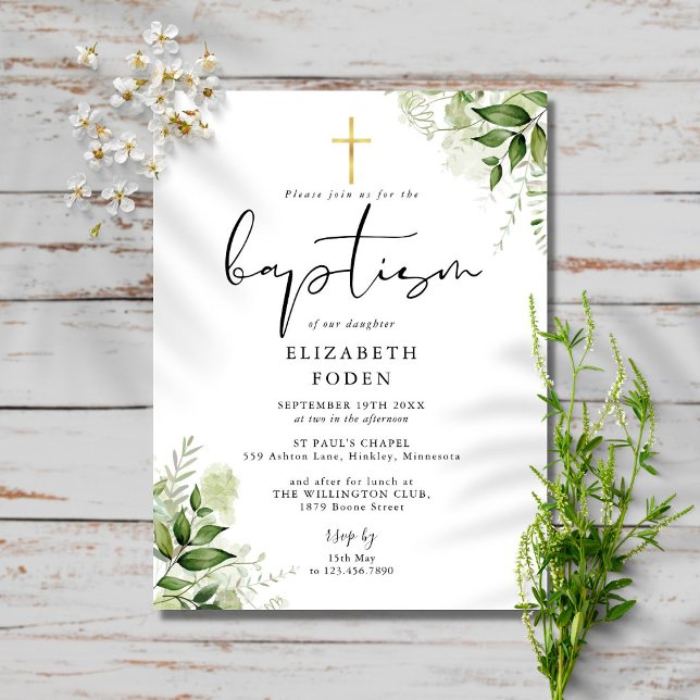 Rustic Greenery Chic Monogram Baptism Invitation Postcard (Creator Uploaded)