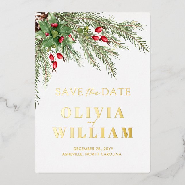 Rustic Greenery Christmas Holiday Save The Date Foil Invitation (Front)
