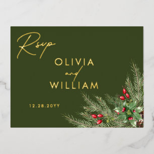 Rustic Greenery Christmas Holiday Wedding RSVP Foil Invitation Postcard