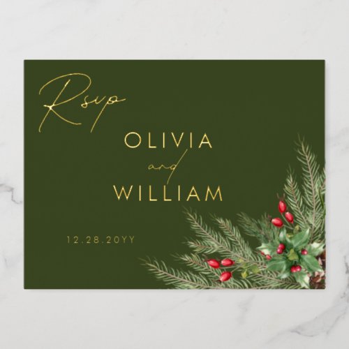 Rustic Greenery Christmas Holiday Wedding RSVP Foil Invitation Postcard