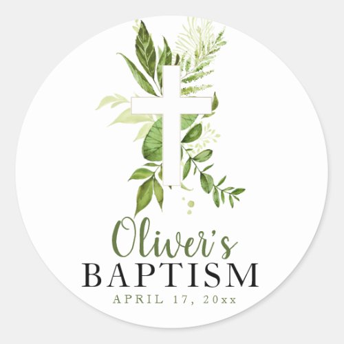 Rustic Greenery Cross Boy Baptism Classic Round Sticker