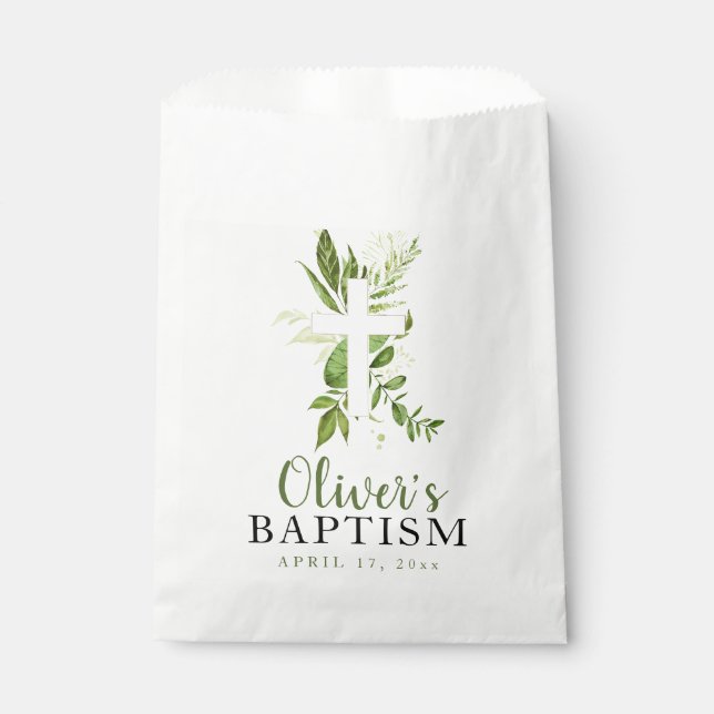 Rustic Greenery Cross Boy Baptism Favor Bag (Front)