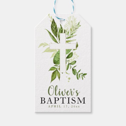 Rustic Greenery Cross Boy Baptism Favor Gift Tags