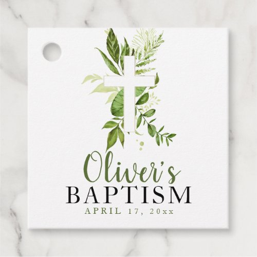 Rustic Greenery Cross Boy Baptism Favor Tags