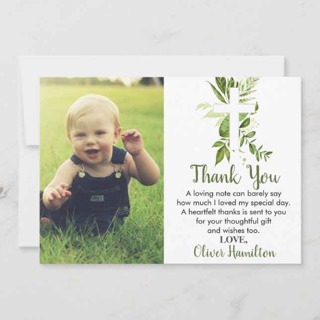 Rustic Greenery Cross Boy Baptism Photo Thank You Card (Front)