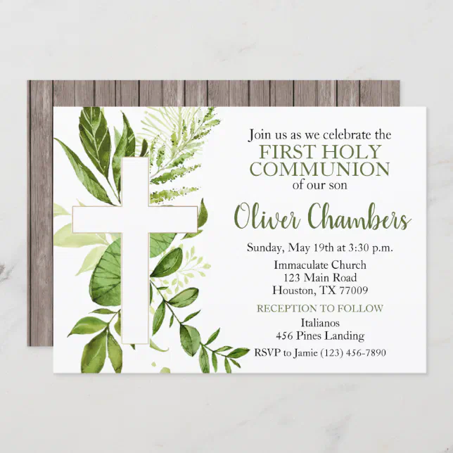 Rustic Greenery Cross Boy First Holy Communion Invitation | Zazzle