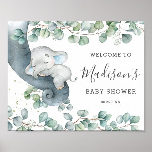 Rustic Greenery Cute Elephant Baby Shower Welcome Poster