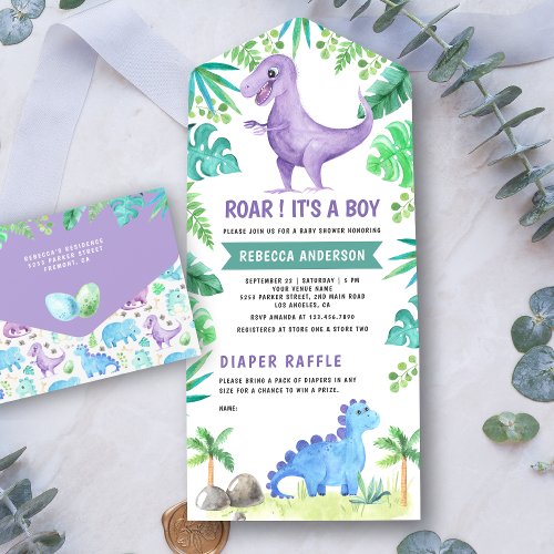 Rustic Greenery Cute Purple Dinosaur Baby Shower All In One Invitation