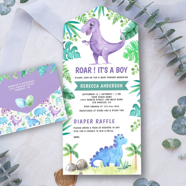 Rustic Greenery Cute Purple Dinosaur Baby Shower All In One Invitation (Creator Uploaded)