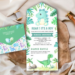 Rustic Greenery Cute Teal Dinosaur Baby Shower All In One Invitation