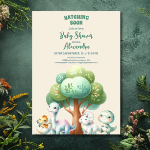 Rustic Greenery Cute Teal Dinosaur Baby Shower Invitation