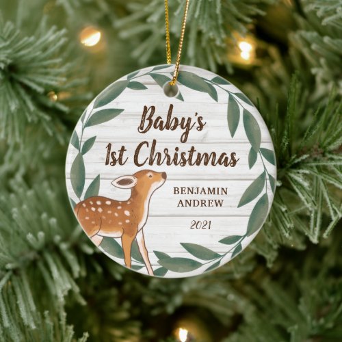 Rustic Greenery Deer Babys First Christmas Photo Ceramic Ornament