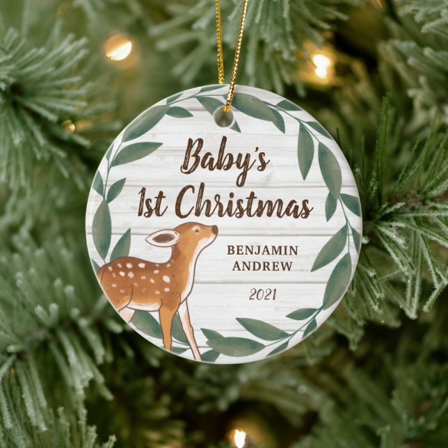 Rustic Greenery Deer Baby's First Christmas Photo Ceramic Ornament (Tree)