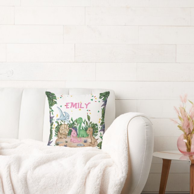 Rustic Greenery Dinosaur Name Throw Pillow (Couch)