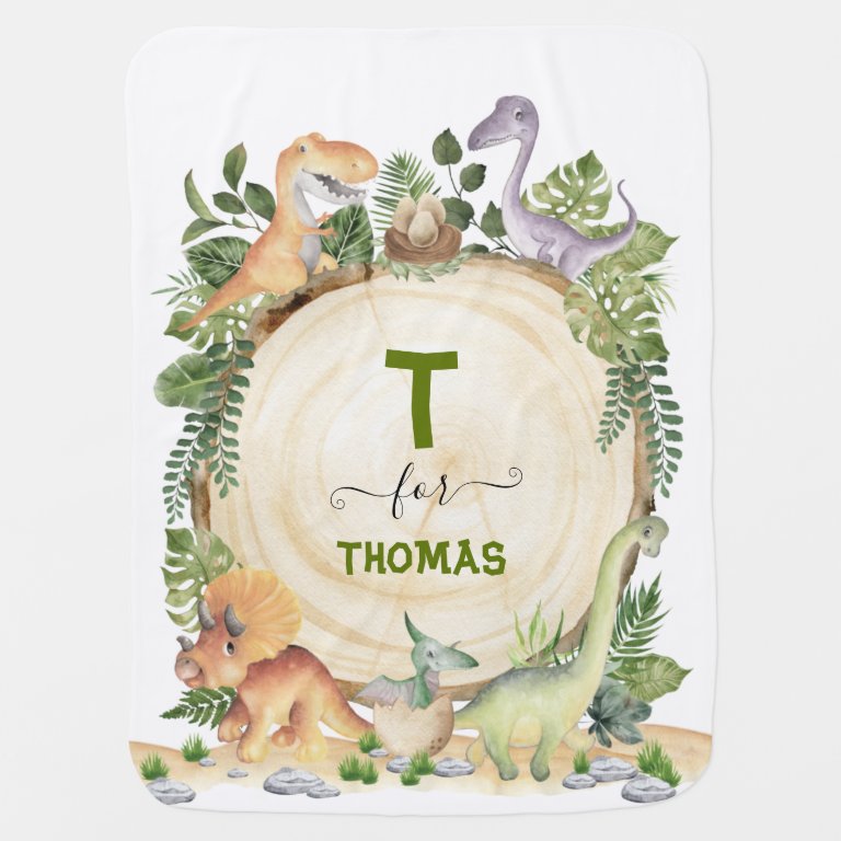 Rustic Greenery Dinosaurs Monogram Name Baby Blanket