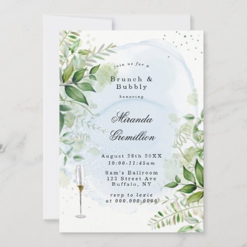 Rustic Greenery Dusty Blue Airy Brunch  Bubbly In Invitation