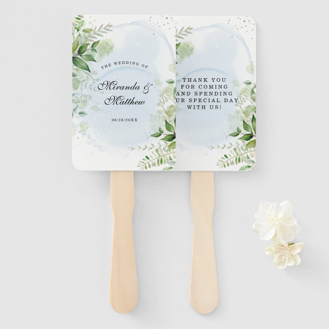 Rustic Greenery Dusty Blue Wedding Thank You  Hand Hand Fan (Front and Back)