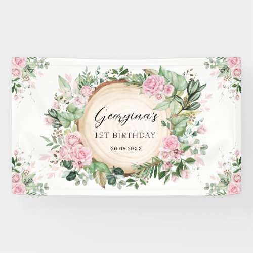 Rustic Greenery Dusty Pink Floral Girls Birthday Banner