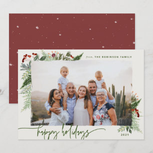 Rustic Greenery Earthy Beige Green Dry Brush Photo Holiday Card
