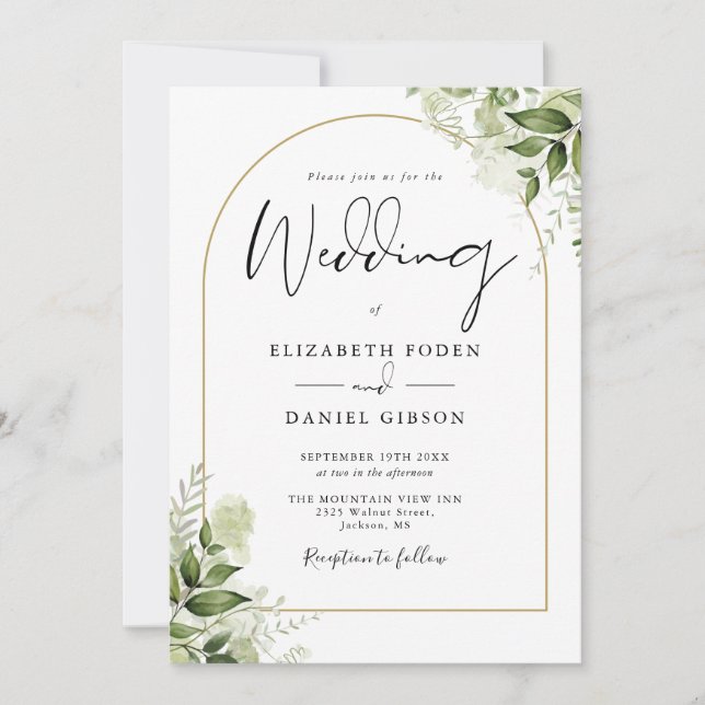 Rustic Greenery Elegant Gold Arch Monogram Wedding Invitation (Front)