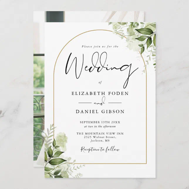 Rustic Greenery Elegant Gold Arch Photo Wedding Invitation | Zazzle