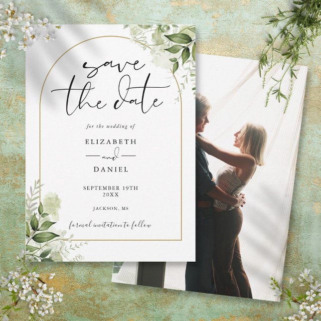 Rustic Greenery Elegant Gold Arch Photo Wedding Save The Date (Rustic Greenery Elegant Gold Arch Photo Wedding Save The Date)