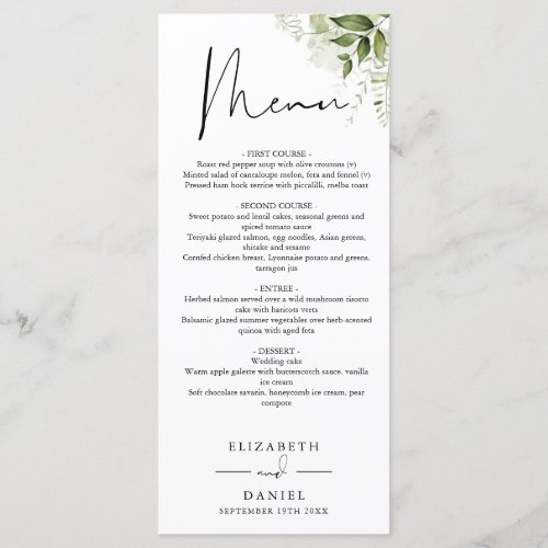Rustic Greenery Elegant Monogram Wedding Dinner Menu - This elegant botanical greenery leaves wedding menu can be personalized with your information in chic typography with your monogram initials on the reverse. Designed by Thisisnotme©