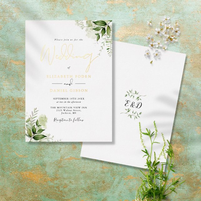 Rustic Greenery Elegant Monogram Wedding Gold Foil Invitation (Creator Uploaded)