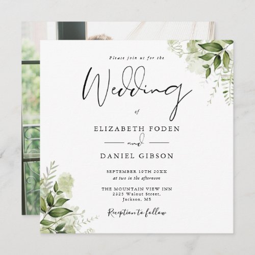 Rustic Greenery Elegant Photo Square Wedding Invitation