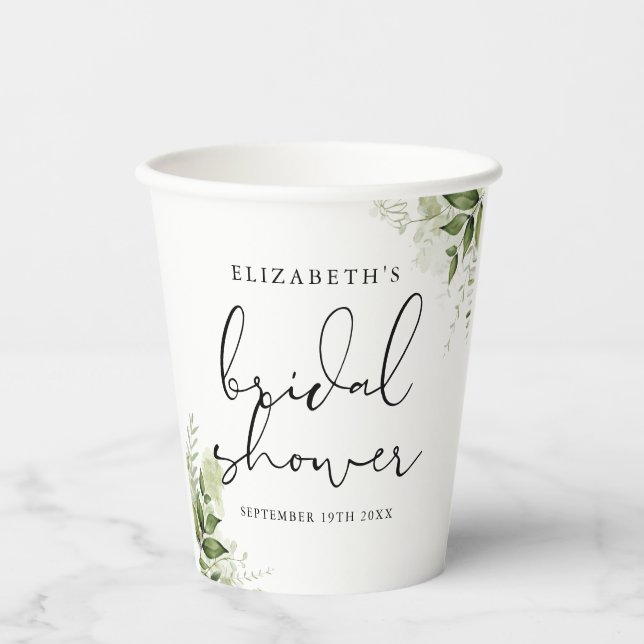 Rustic Greenery Elegant Script Bridal Shower Paper Cups (Front)