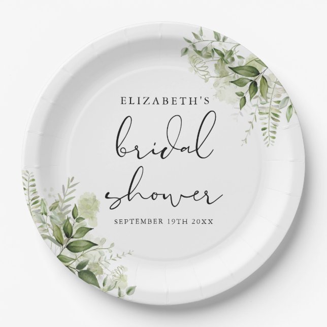 Rustic Greenery Elegant Script Bridal Shower Paper Plates (Front)