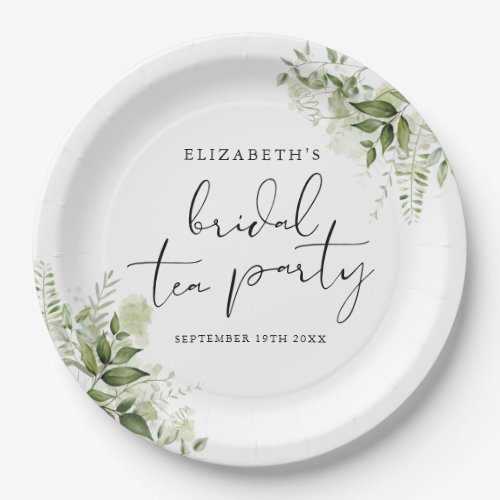 Rustic Greenery Elegant Script Bridal Tea Party Paper Plates