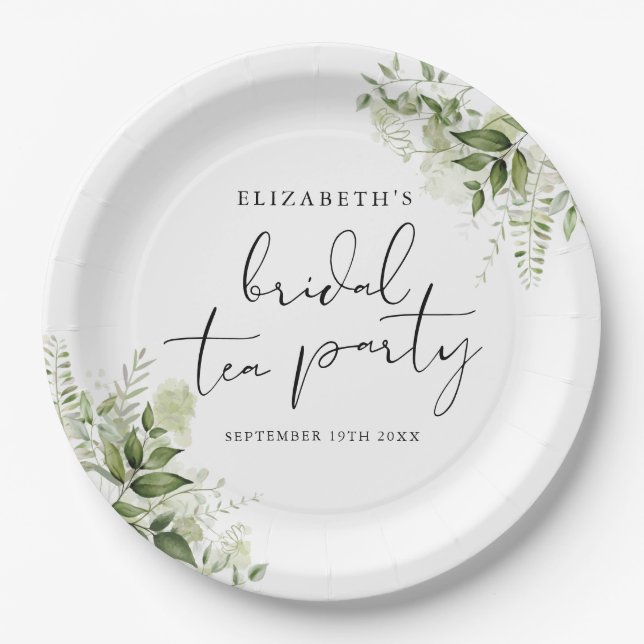 Rustic Greenery Elegant Script Bridal Tea Party Paper Plates (Front)