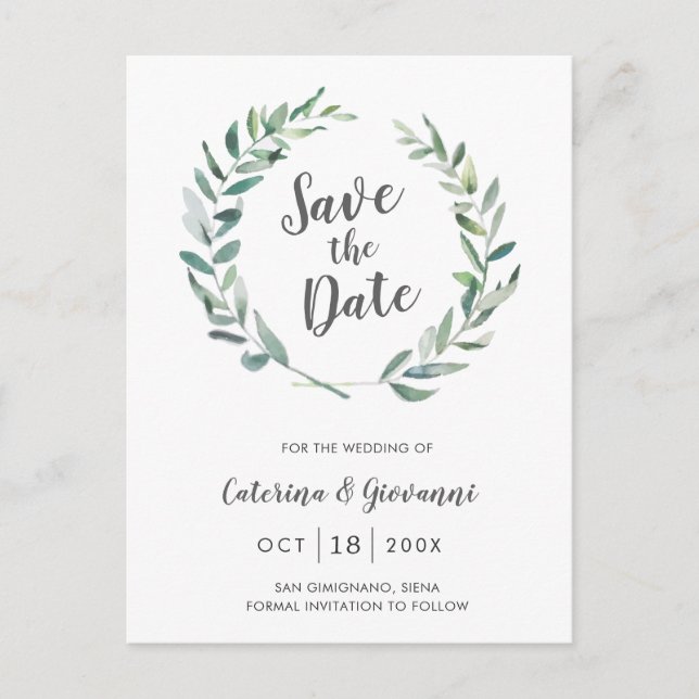 Rustic Greenery Elegant Wedding Save the Date Announcement Postcard (Front)
