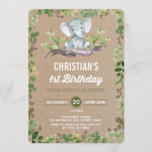 Rustic Greenery Elephant 1st Birthday Invitation