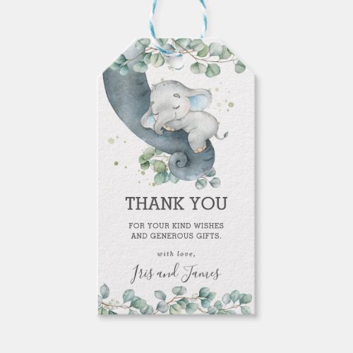 Rustic Greenery Elephant Boy Baby Shower Thank You Gift Tags