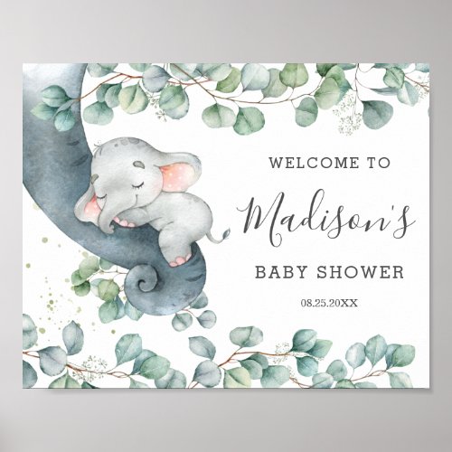 Rustic Greenery Elephant Girl Baby Shower Welcome Poster